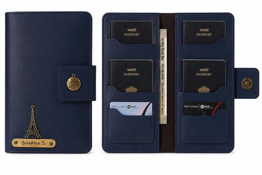 AICA Personalized Name & Charm Leather Family Passport Cover For 4 with Passport Boarding Pass Currency Card Slot & Coin Holder for Men & Women | Family Passport Cover (NAVYBLUE)
