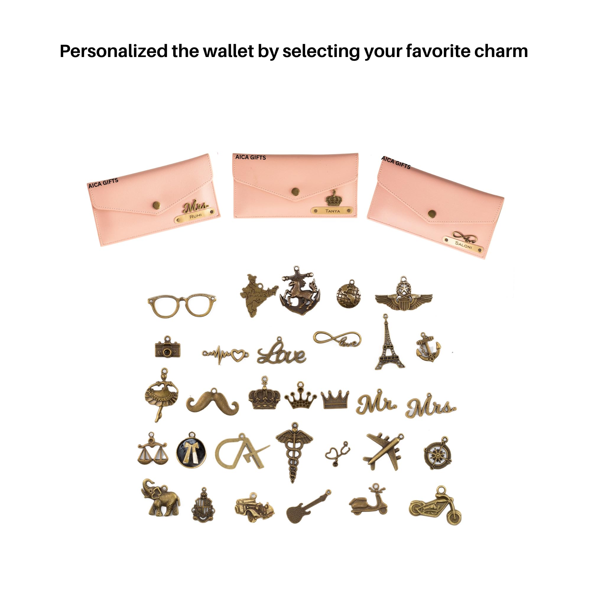 AICA Personalised Name & Charm Leather Wallet Gift for Women