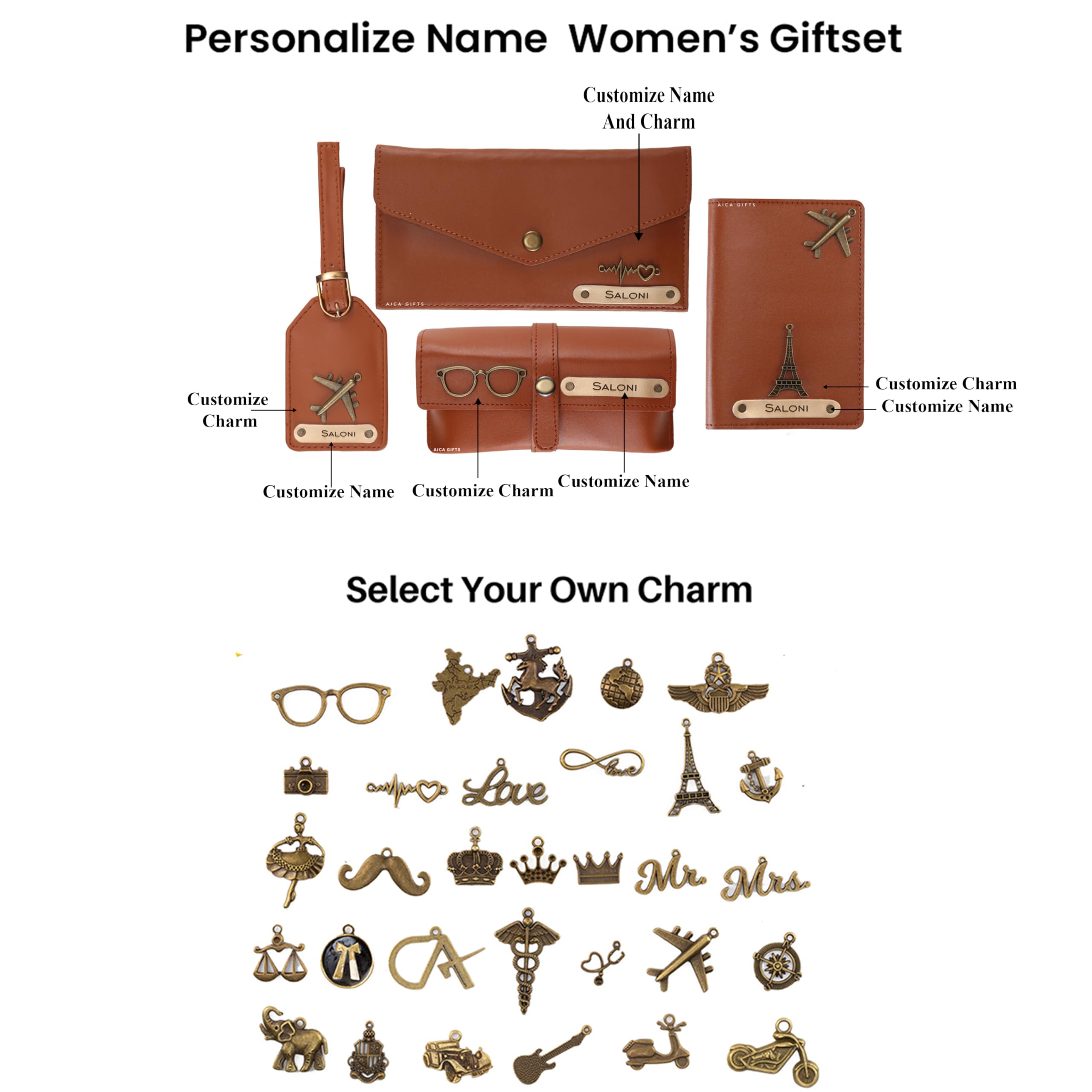 AICA Personalised Name & Charm Womens Leather Gift Set | Gifts for Women (Dark Brown)