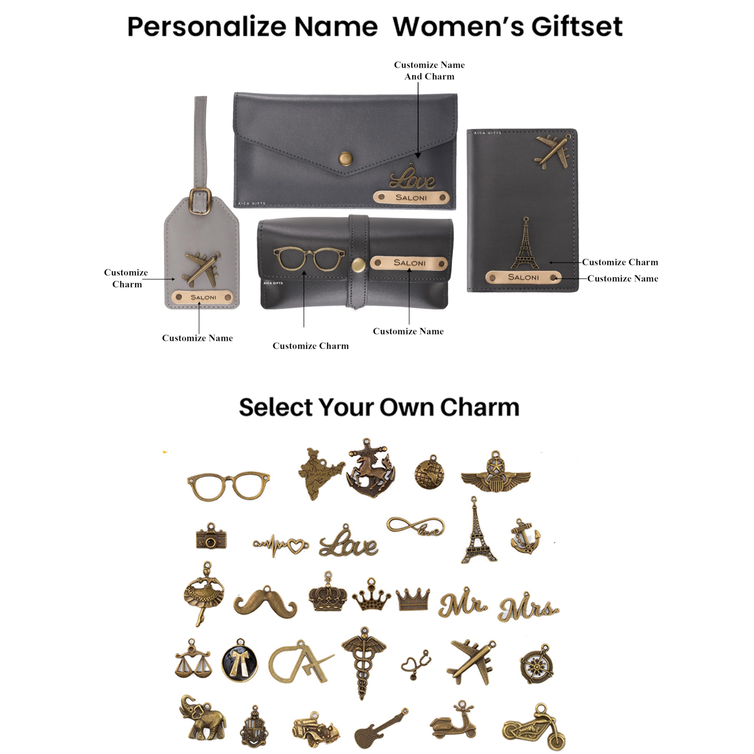 AICA Personalised Name & Charm Womens Leather Gift Set | Gifts for Women (Dark Brown)