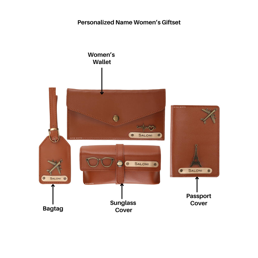 AICA Personalised Name & Charm Womens Leather Gift Set | Gifts for Women (Dark Brown)