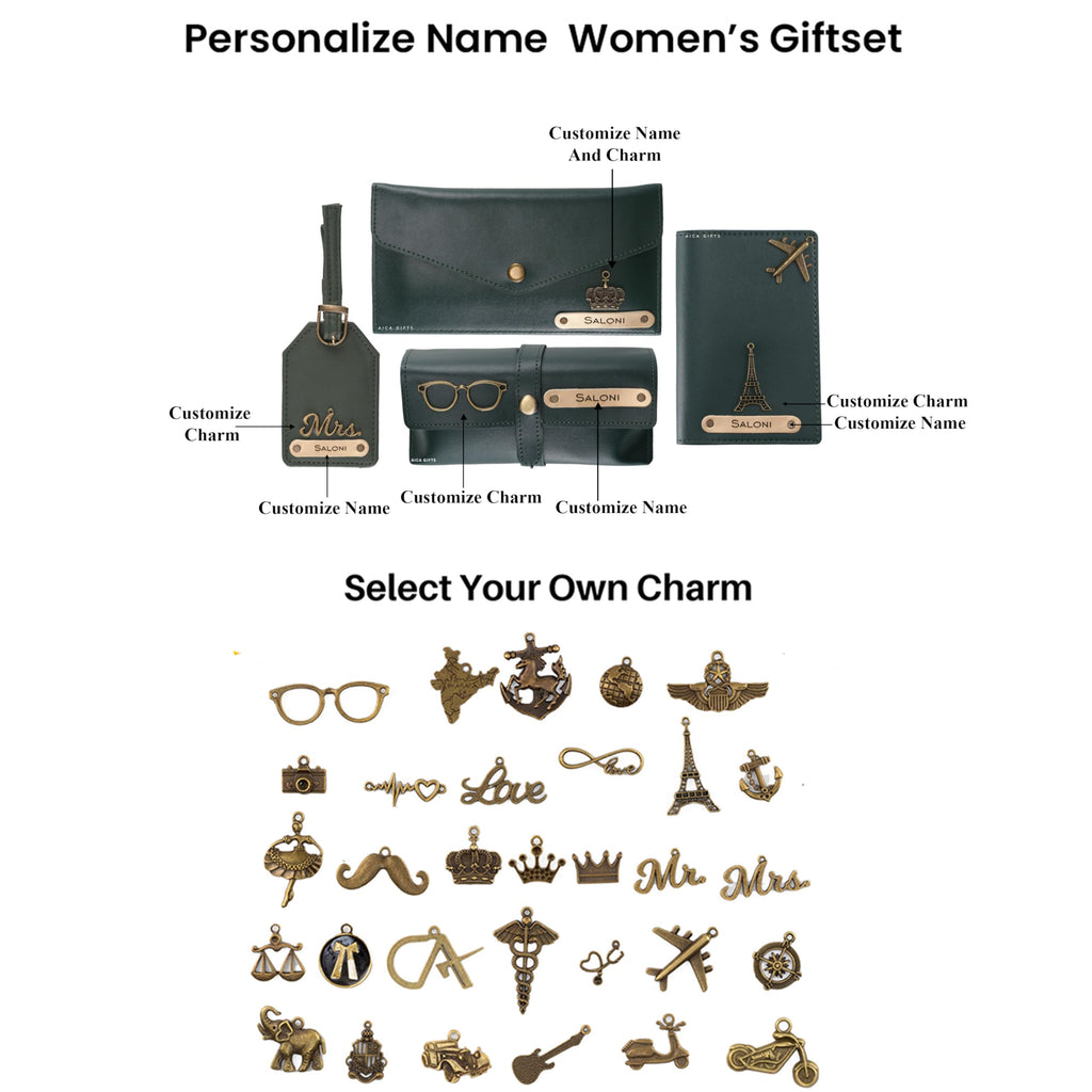 AICA Personalised Name & Charm Womens Leather Gift Set | Gifts for Women (Dark Brown)