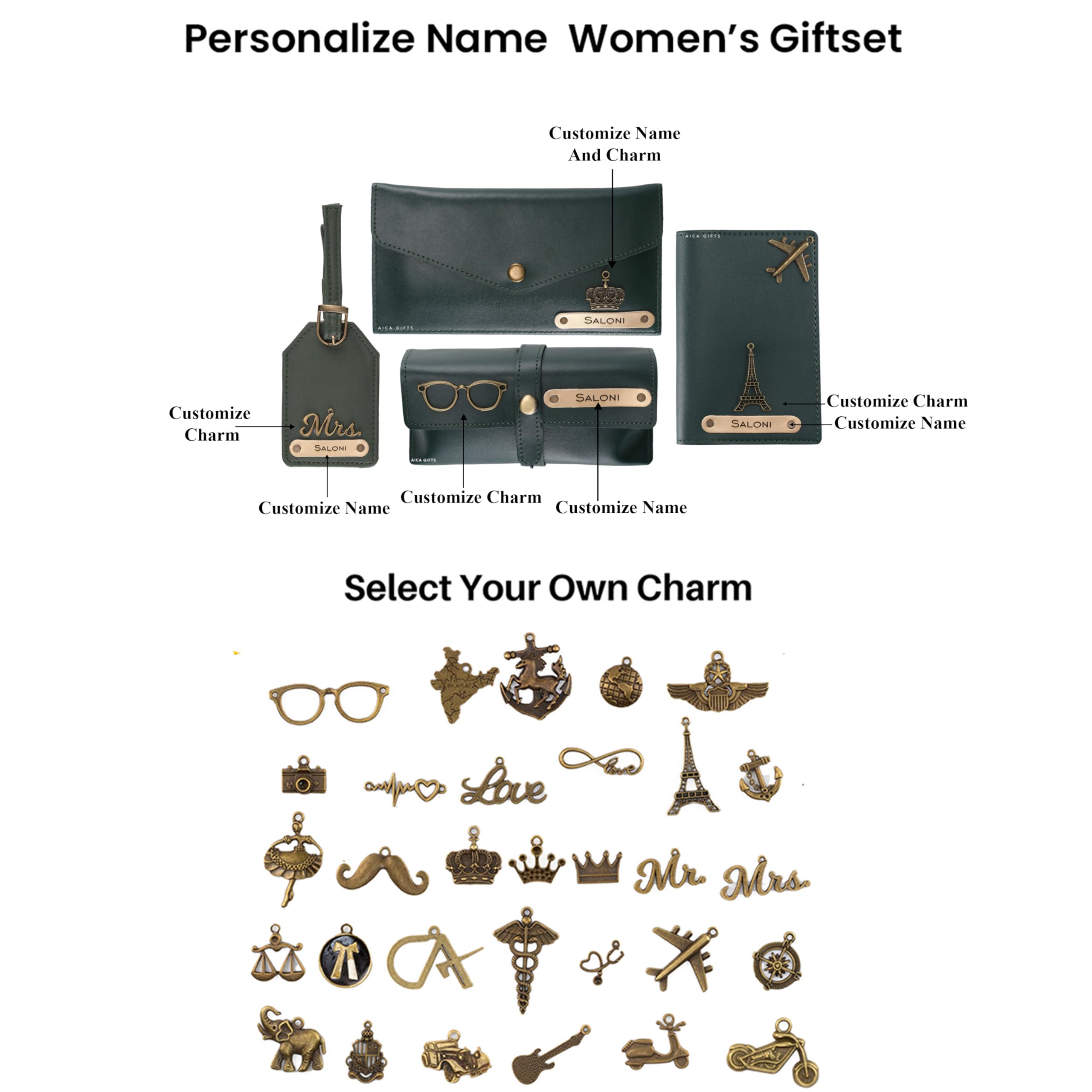 AICA Personalised Name & Charm Womens Leather Gift Set | Gifts for Women (Dark Brown)