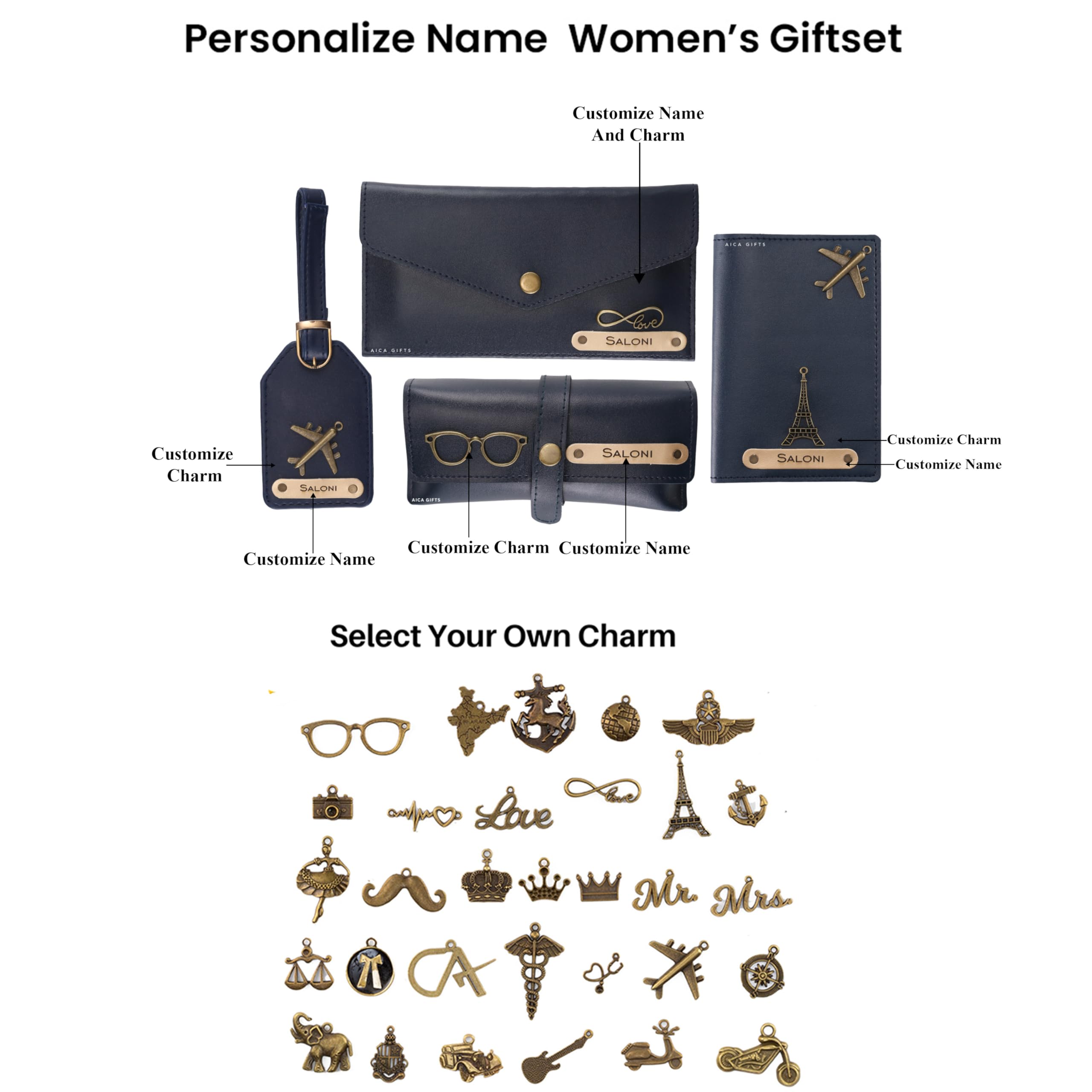 AICA Personalised Name & Charm Womens Leather Gift Set | Gifts for Women (Dark Brown)