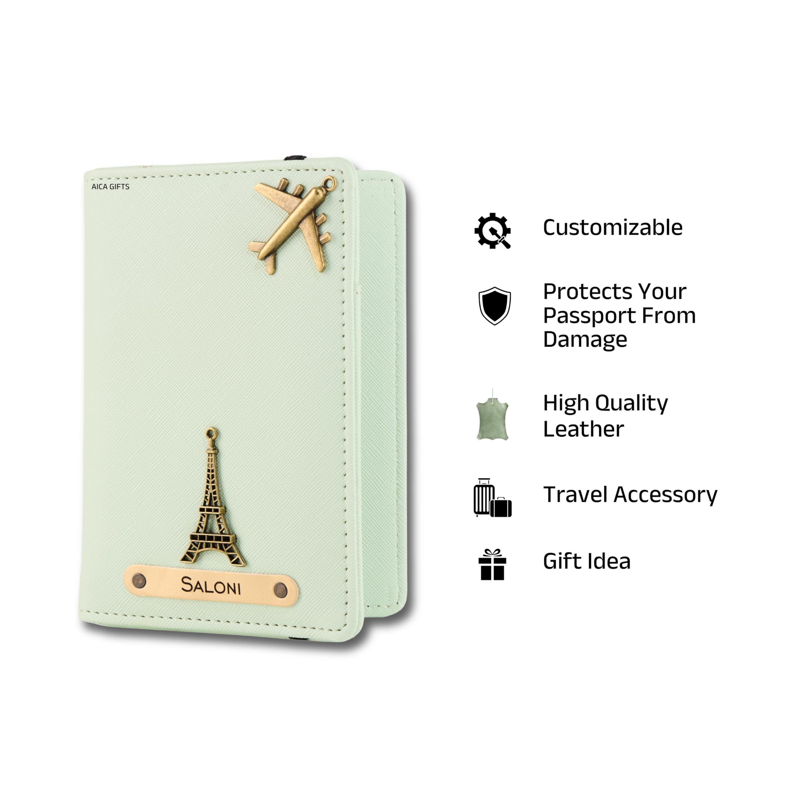 AICA Personalised Name & Charm Leather Passport Cover Holder for Men & Women (Babyblue) | Gifts for Man | Gift for Woman | Return Gifts for Birthday | Passport Cover for Men & Women