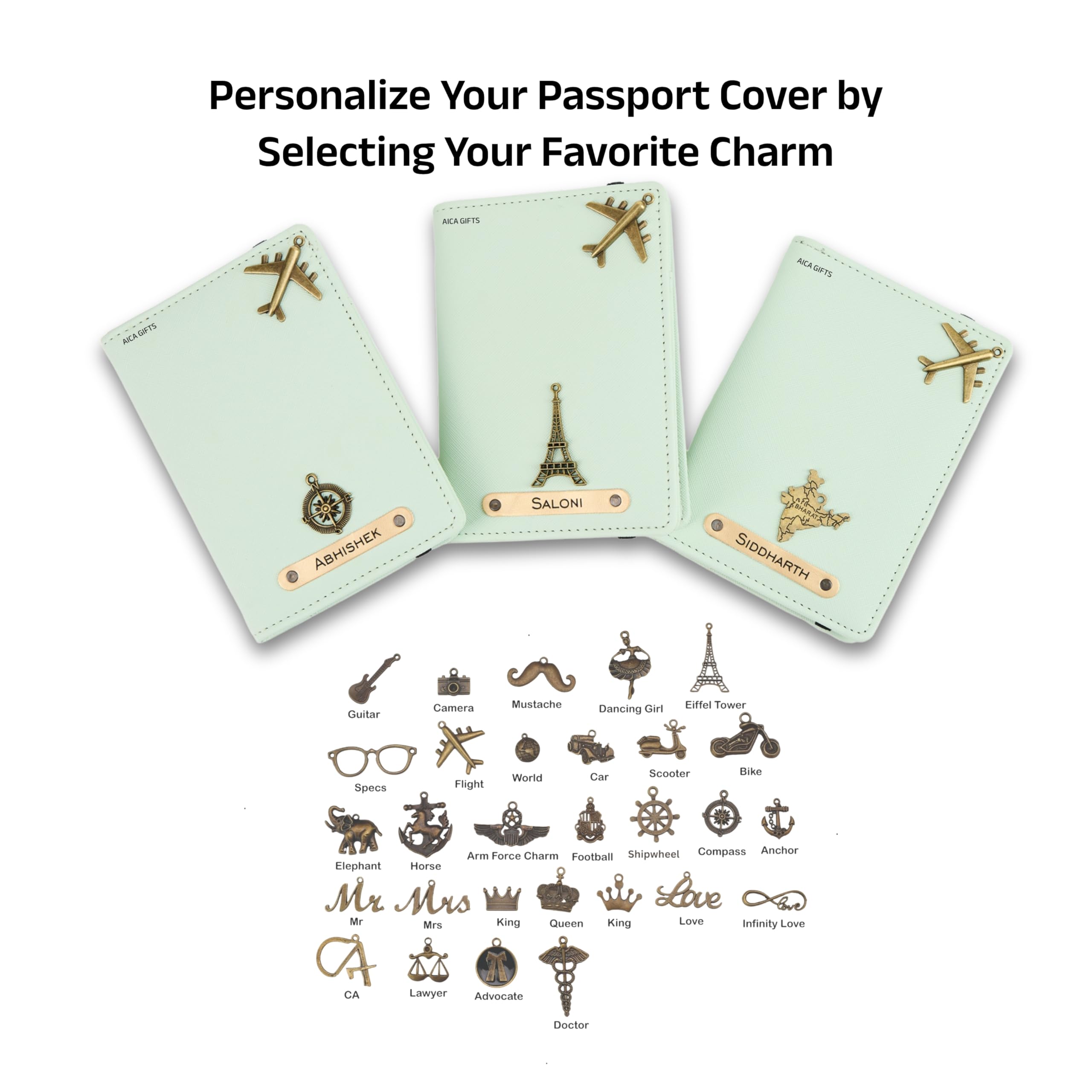 AICA Personalised Name & Charm Leather Passport Cover Holder for Men & Women (Babyblue) | Gifts for Man | Gift for Woman | Return Gifts for Birthday | Passport Cover for Men & Women