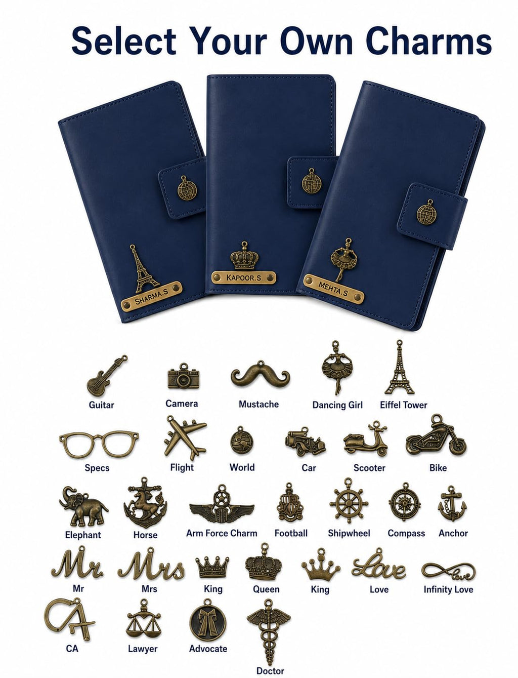 AICA Personalized Name & Charm Leather Family Passport Cover For 4 with Passport Boarding Pass Currency Card Slot & Coin Holder for Men & Women | Family Passport Cover (NAVYBLUE)