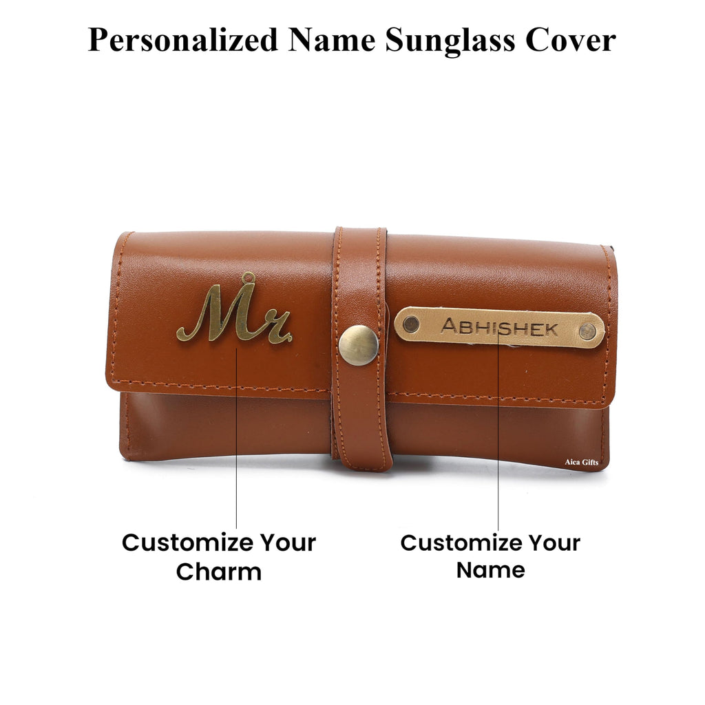 AICA Personalised Name & Charm Leather Sunglass Case Cover for Men & Women (Babyblue)
