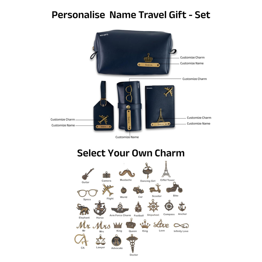 AICA Personalized Name & Charm Leather Travel 4pcs Gift Set Combo for Men & Women | Customized Travel Accessories Hamper | Gifts for Family and Friends | Gift for Girls & Boys (Navyblue)