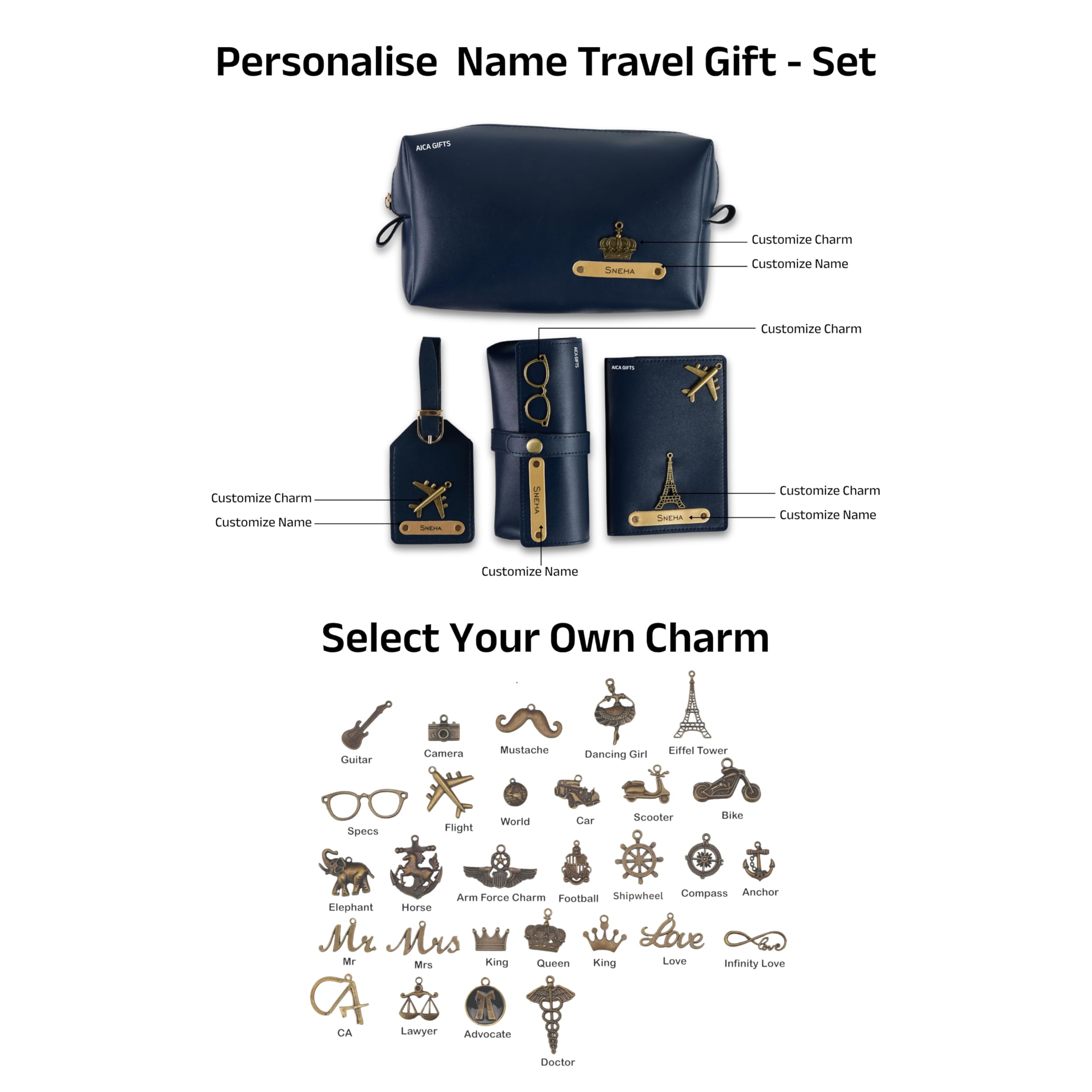 AICA Personalized Name & Charm Leather Travel 4pcs Gift Set Combo for Men & Women | Customized Travel Accessories Hamper | Gifts for Family and Friends | Gift for Girls & Boys (Navyblue)