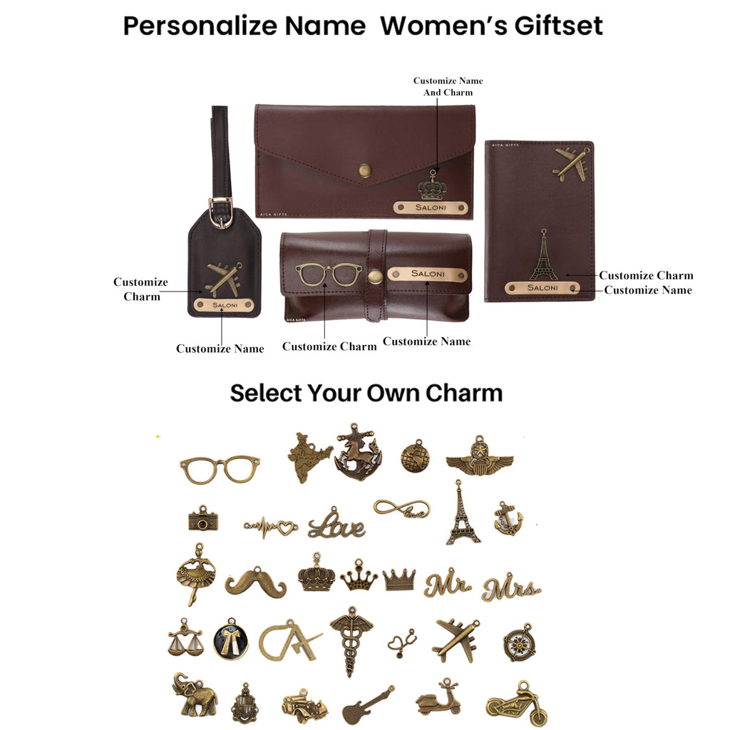 AICA Personalised Name & Charm Womens Leather Gift Set | Gifts for Women (Dark Brown)