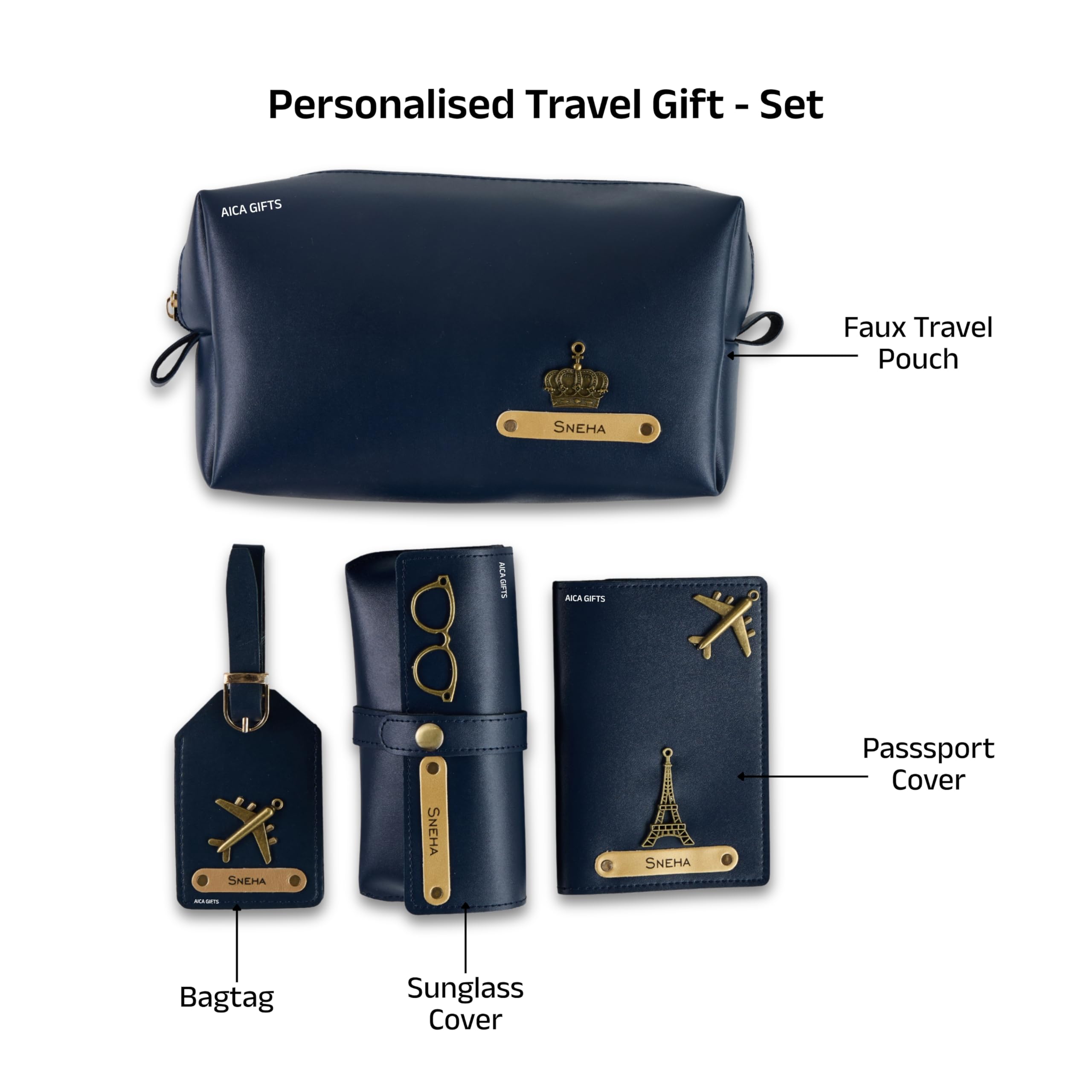 AICA Personalized Name & Charm Leather Travel 4pcs Gift Set Combo for Men & Women | Customized Travel Accessories Hamper | Gifts for Family and Friends | Gift for Girls & Boys (Navyblue)