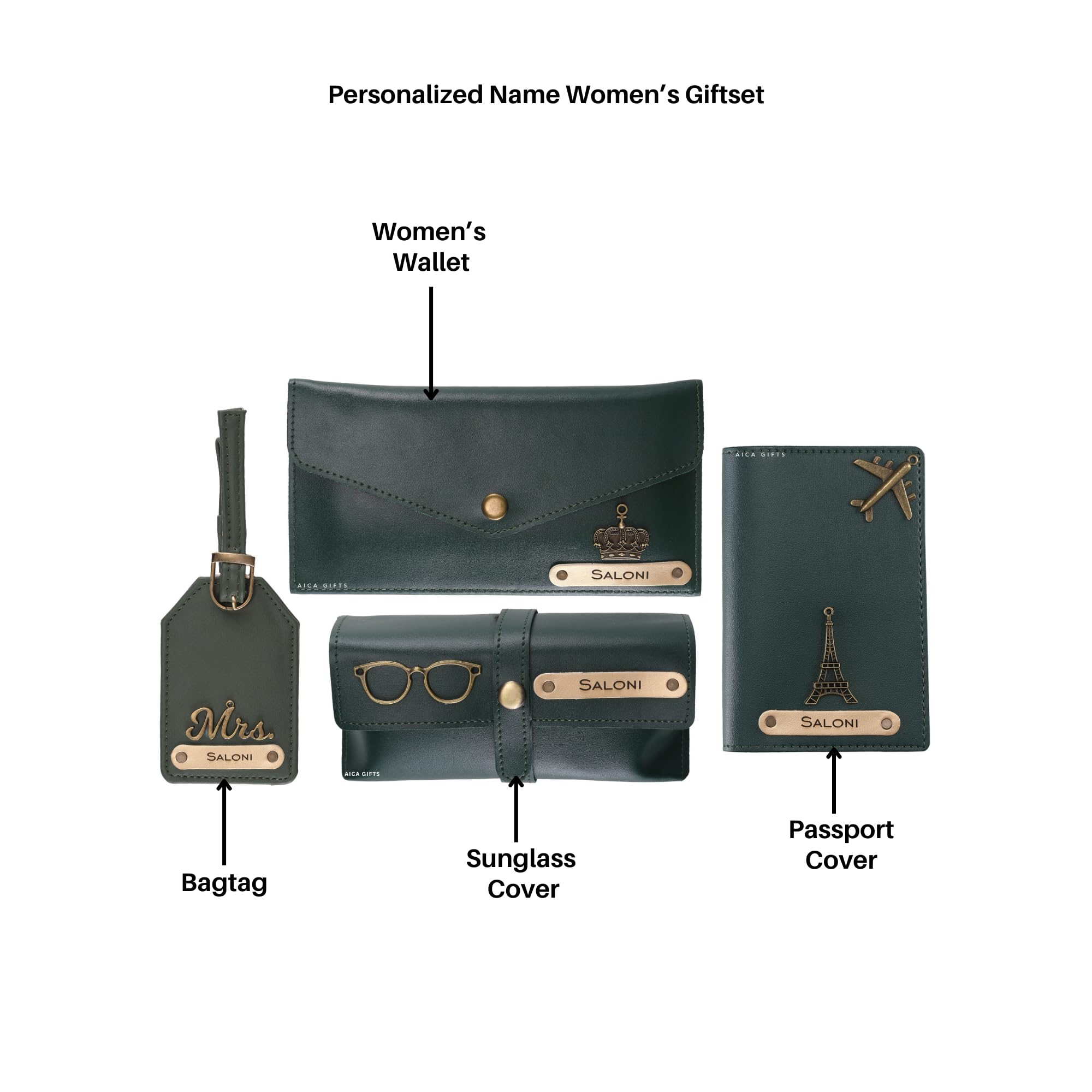 AICA Personalised Name & Charm Womens Leather Gift Set | Gifts for Women (Dark Brown)