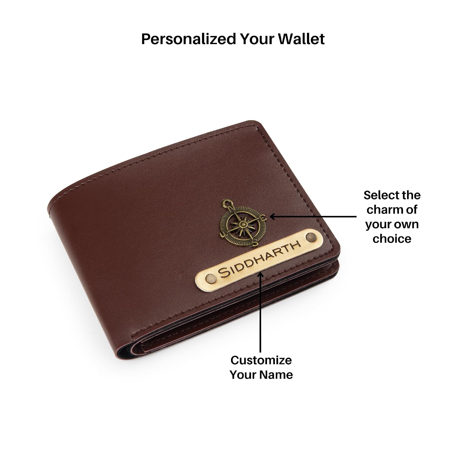 AICA Personalized Name Leather Mens Rakhi + Wallet Combo (Dark Brown)
