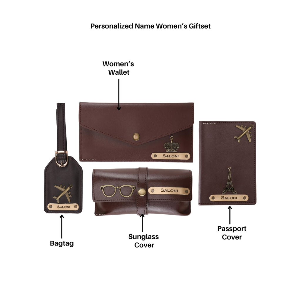 AICA Personalised Name & Charm Womens Leather Gift Set | Gifts for Women (Dark Brown)