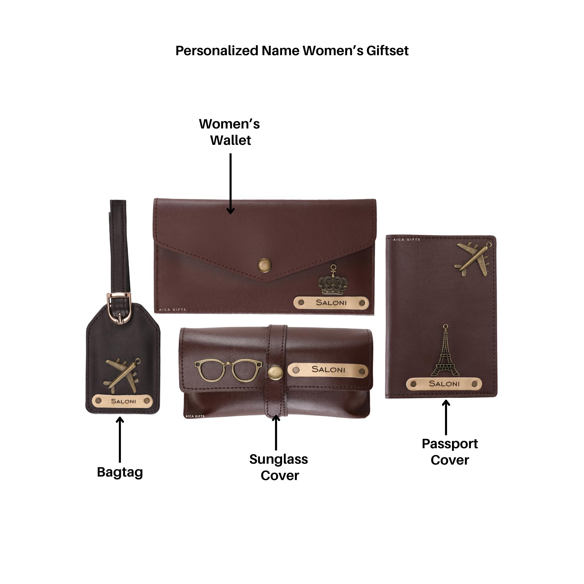 AICA Personalised Name & Charm Womens Leather Gift Set | Gifts for Women (Dark Brown)