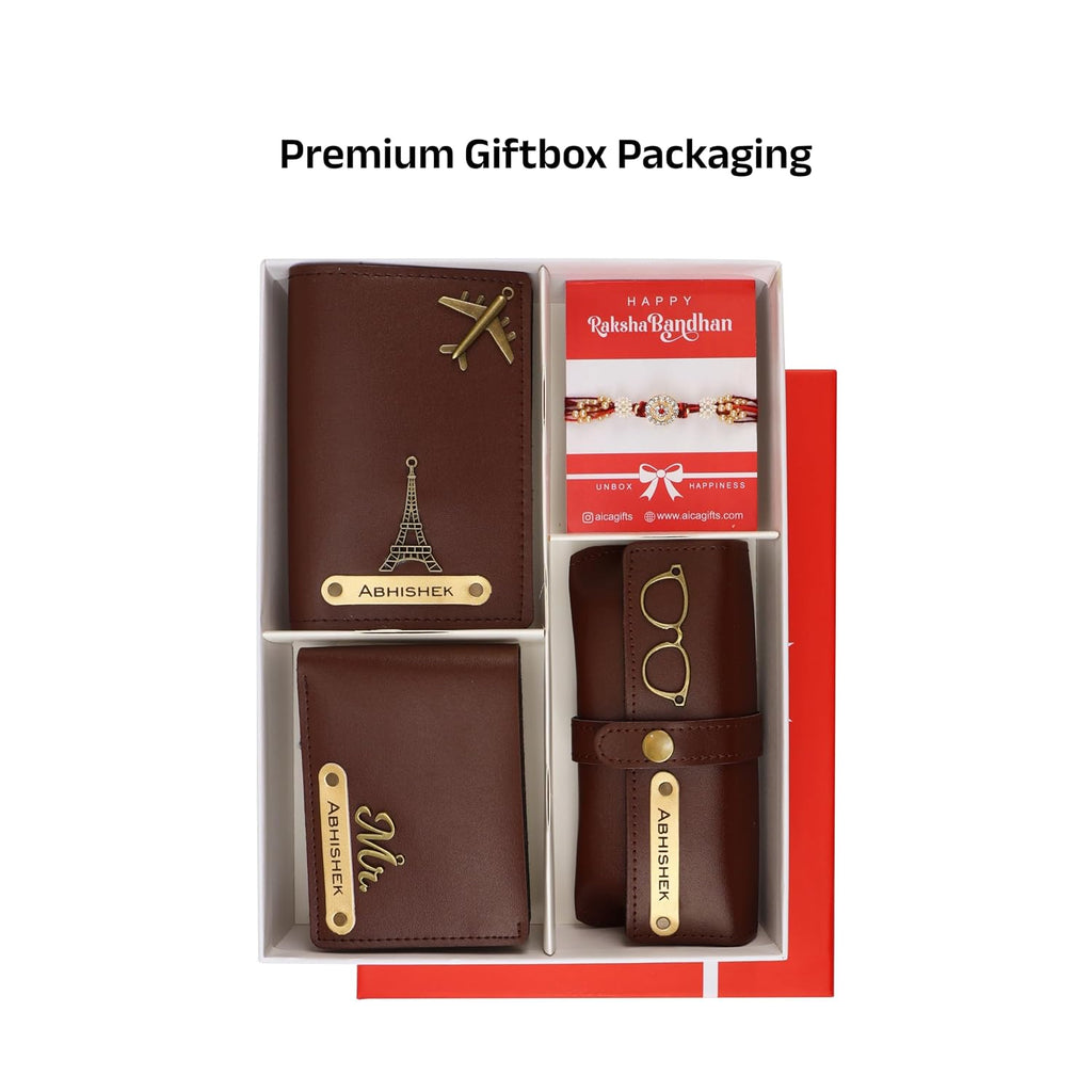 AICA Personalized Leather Mens Rakhi Combo (Dark Brown)