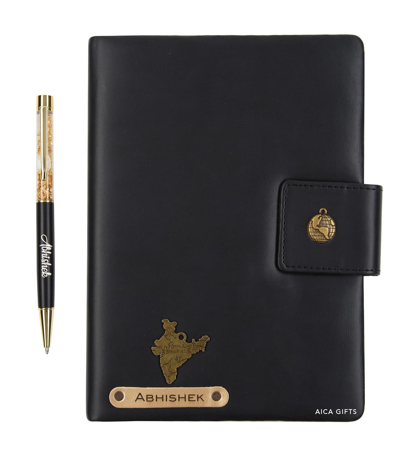 AICA Personalized Name & Charm Notebook Leather Diary - A5 Size, 200 Ruled Pages (Navy Blue) & Pen Golden Combo for Men & Women