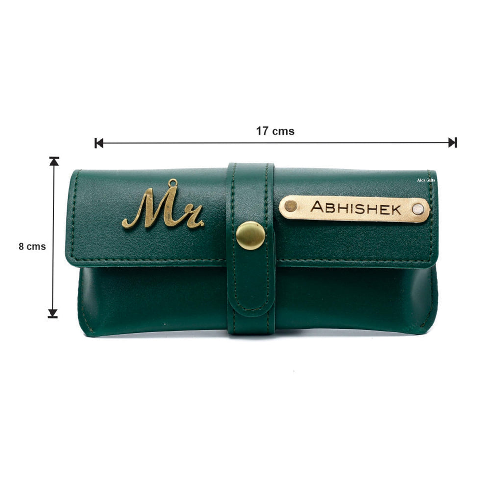 AICA Personalised Name & Charm Leather Sunglass Case Cover for Men & Women (Babyblue)