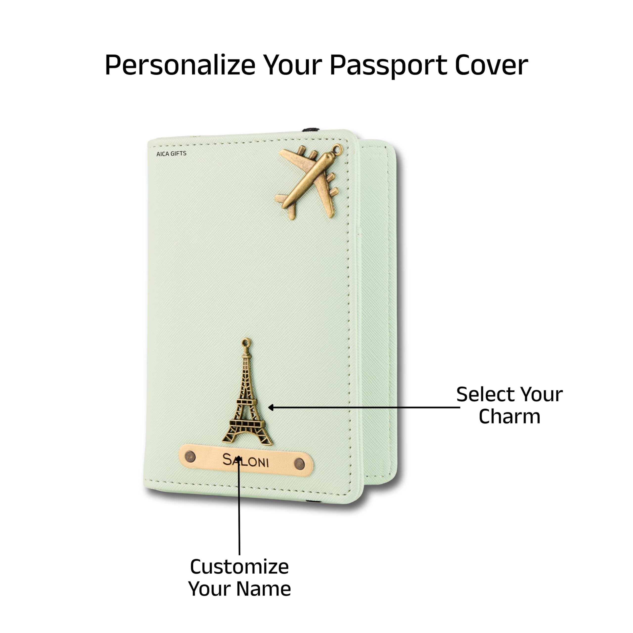 AICA Personalised Name & Charm Leather Passport Cover Holder for Men & Women (Babyblue) | Gifts for Man | Gift for Woman | Return Gifts for Birthday | Passport Cover for Men & Women