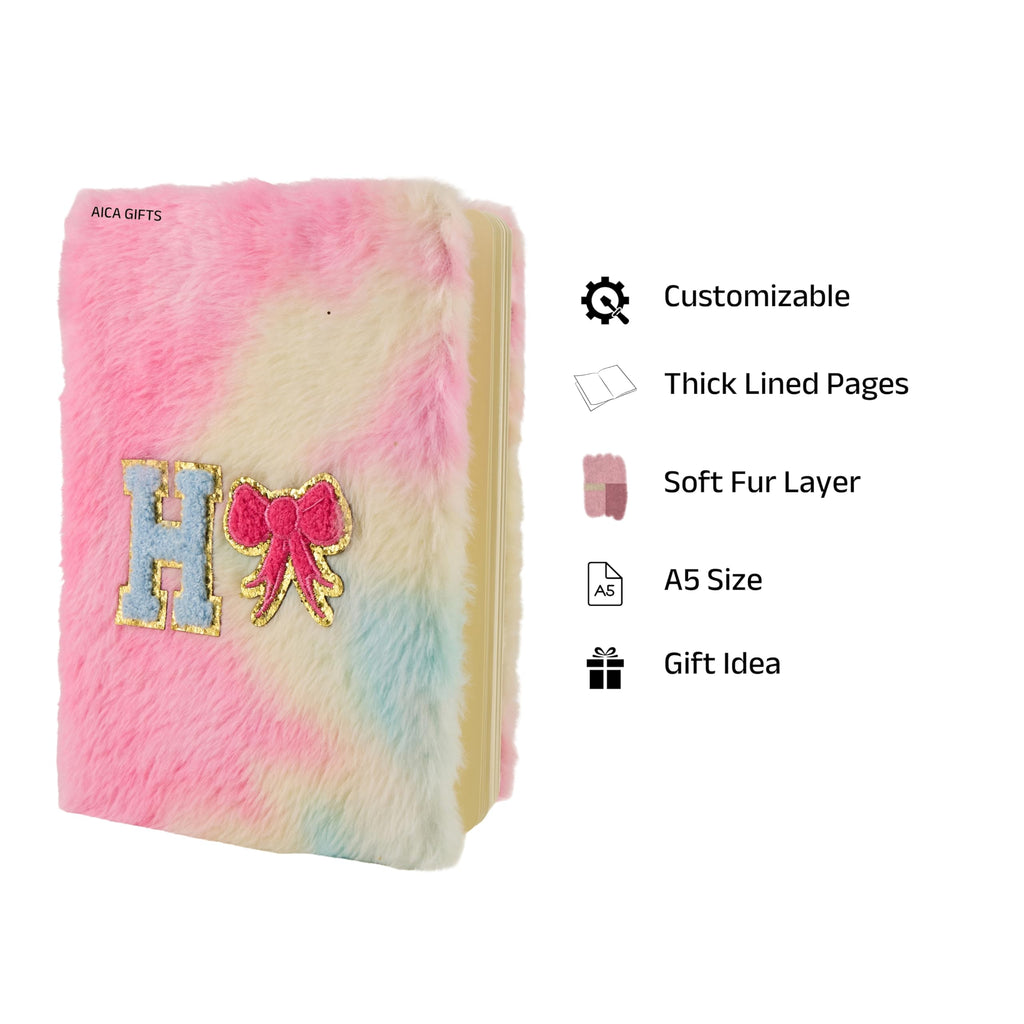 AICA Personalized Embroidery Patch Name Soft Fur Diary A5 Size 160 Pages (Rainbow) For Girls & Boys|Customized Cute Plush Personal Journal| Diary for Girls Aesthetic | Diary for Kids | Gifts for Girls