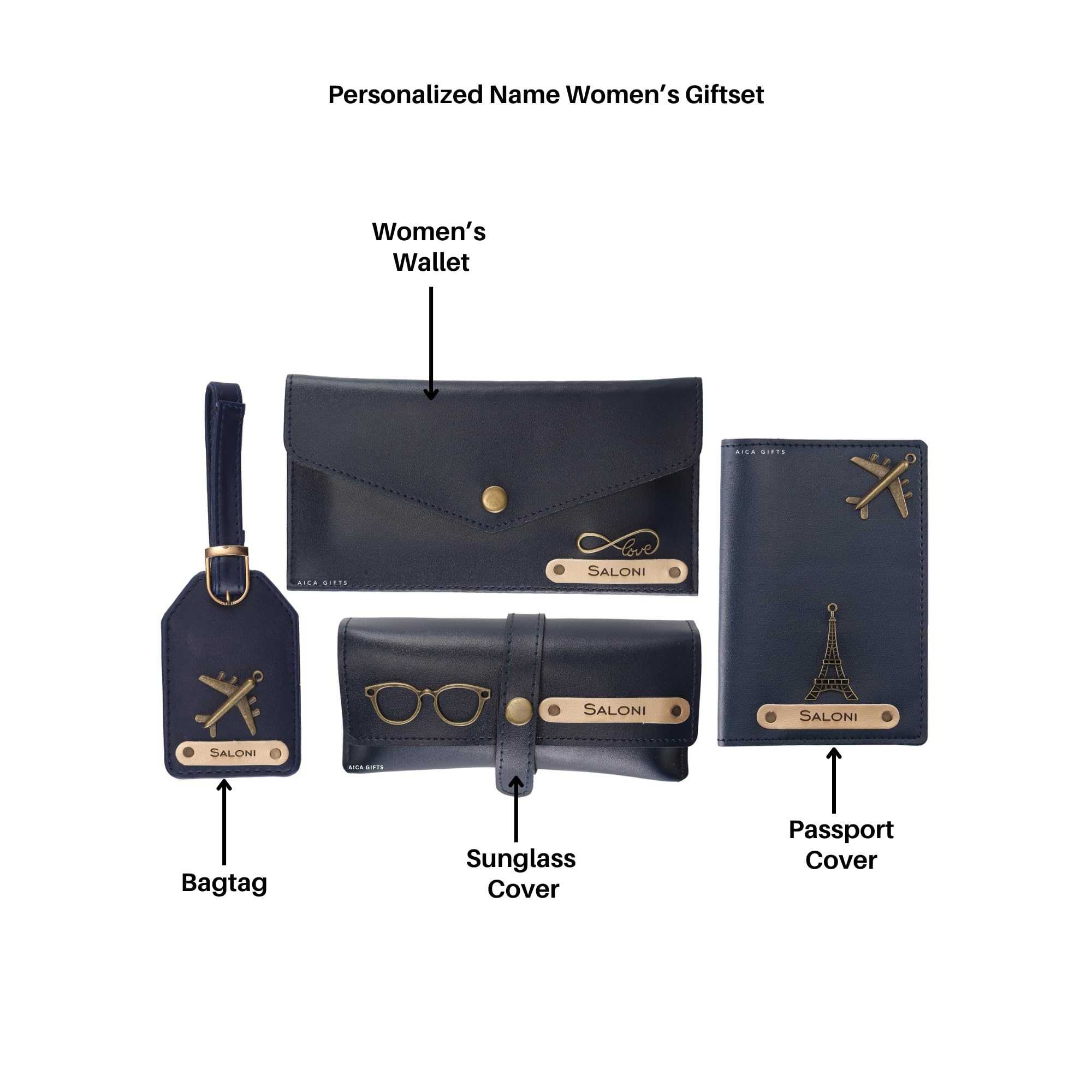 AICA Personalised Name & Charm Womens Leather Gift Set | Gifts for Women (Dark Brown)