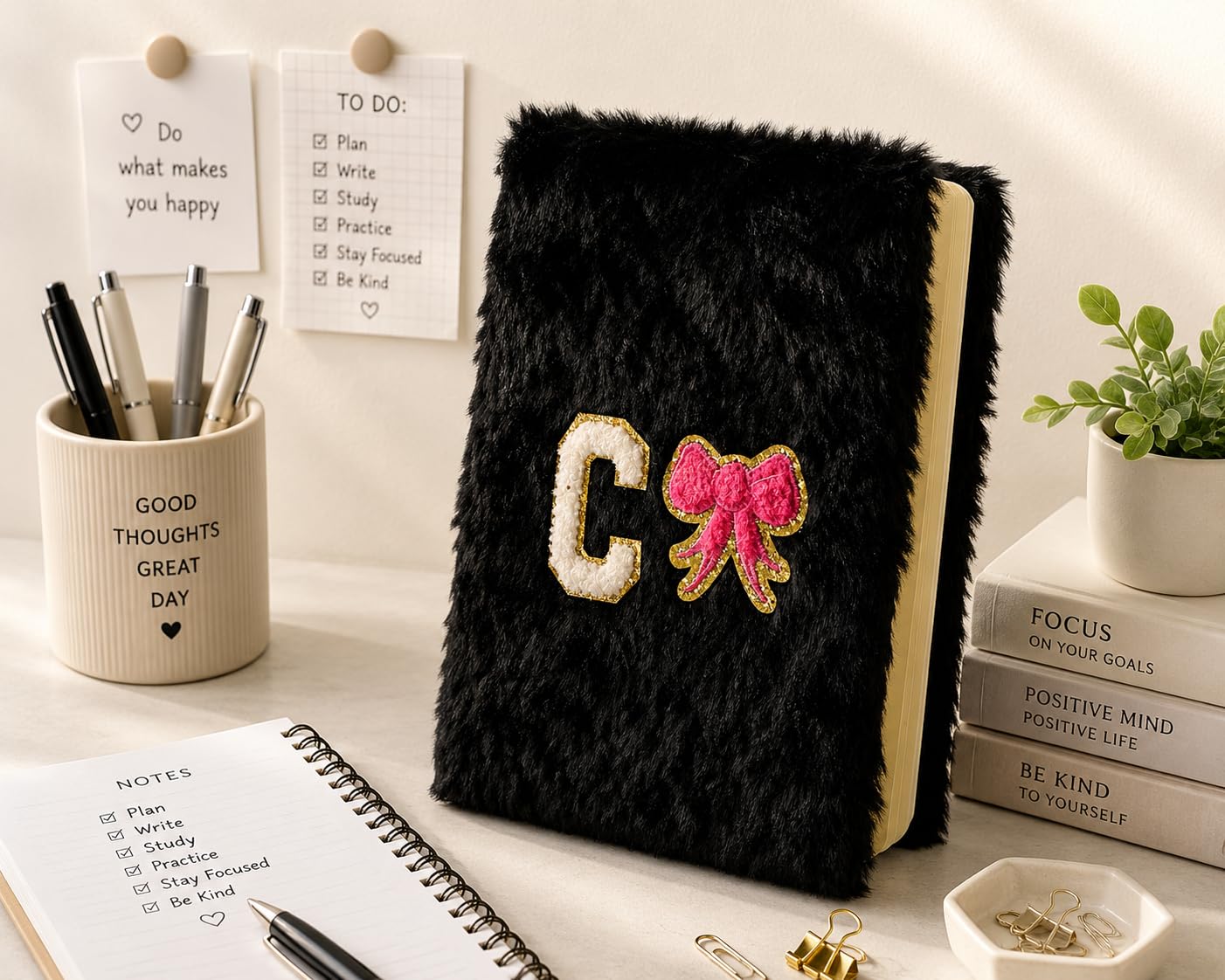 AICA Personalized Embroidery Patch Name Soft Fur Diary A5 Size 160 Pages (Black) For Girls & Boys | Customized Cute Plush Personal Journal | Diary for Girls Aesthetic | Diary for Kids | Gifts for Boys