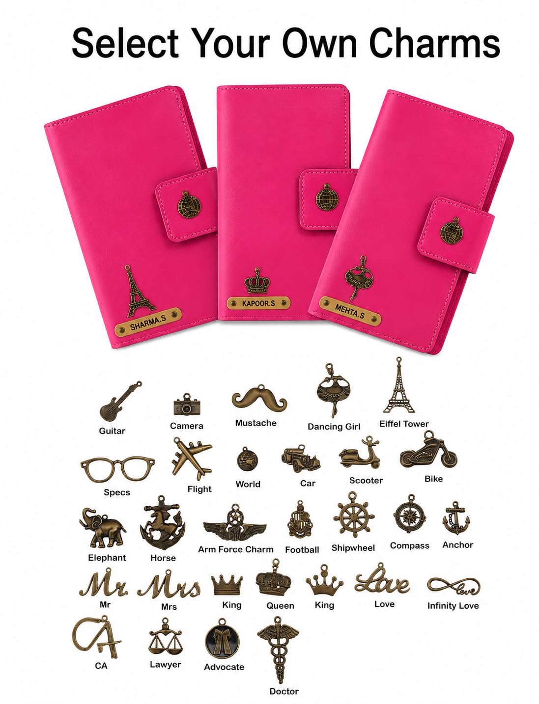 AICA Personalized Name & Charm Leather Family Passport Cover For 4 with Passport Boarding Pass Currency Card Slot & Coin Holder for Men & Women | Family Passport Cover (DARKPINK)