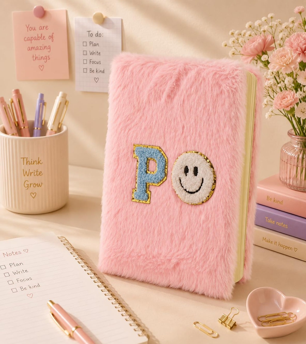 AICA Personalized Embroidery Patch Name Soft Fur Diary A5 Size 160 Pages (Pink) For Girls & Boys | Customized Cute Plush Personal Journal | Diary for Girls Aesthetic | Diary for Kids | Gifts for Girls