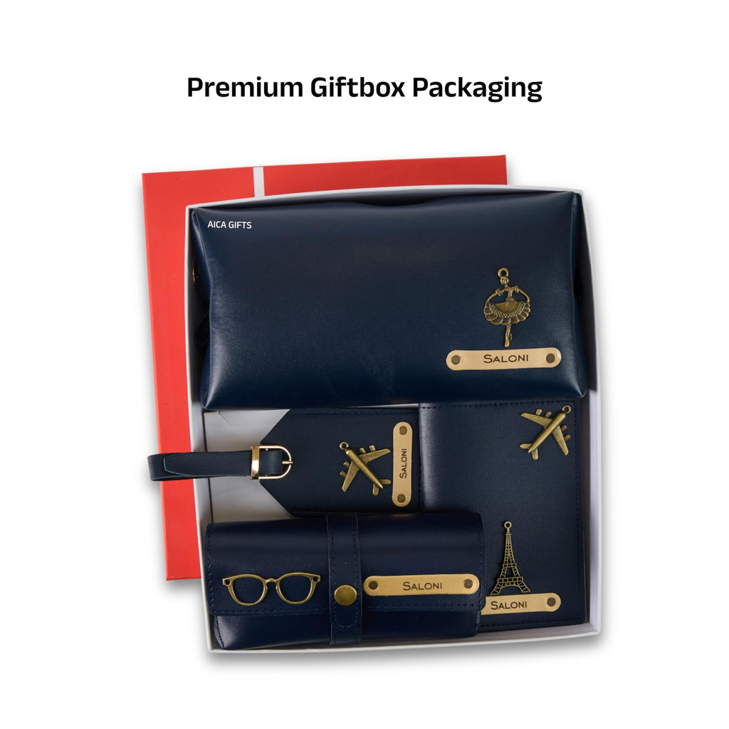 AICA Personalized Name & Charm Leather Travel 4pcs Gift Set Combo for Men & Women | Customized Travel Accessories Hamper | Gifts for Family and Friends | Gift for Girls & Boys (Navyblue)
