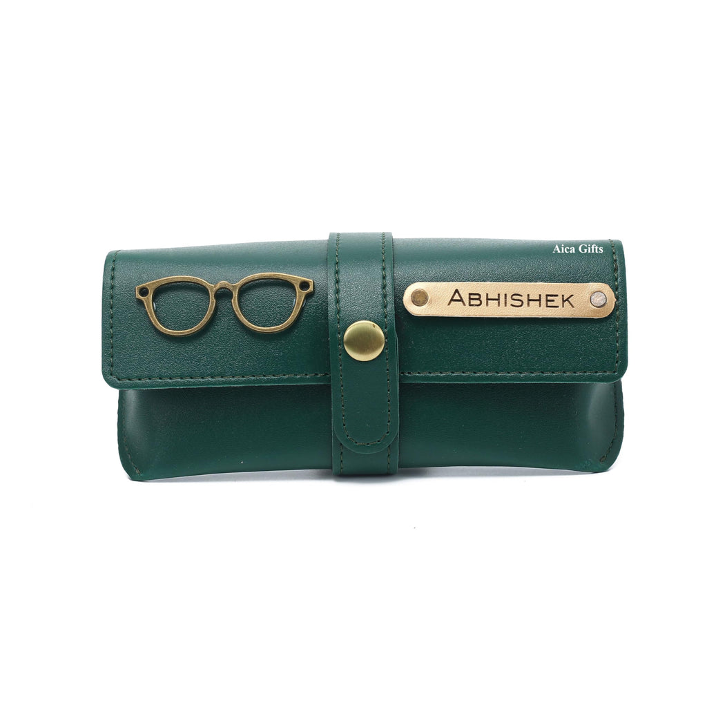 AICA Personalised Name & Charm Leather Sunglass Case Cover for Men & Women (Babyblue)