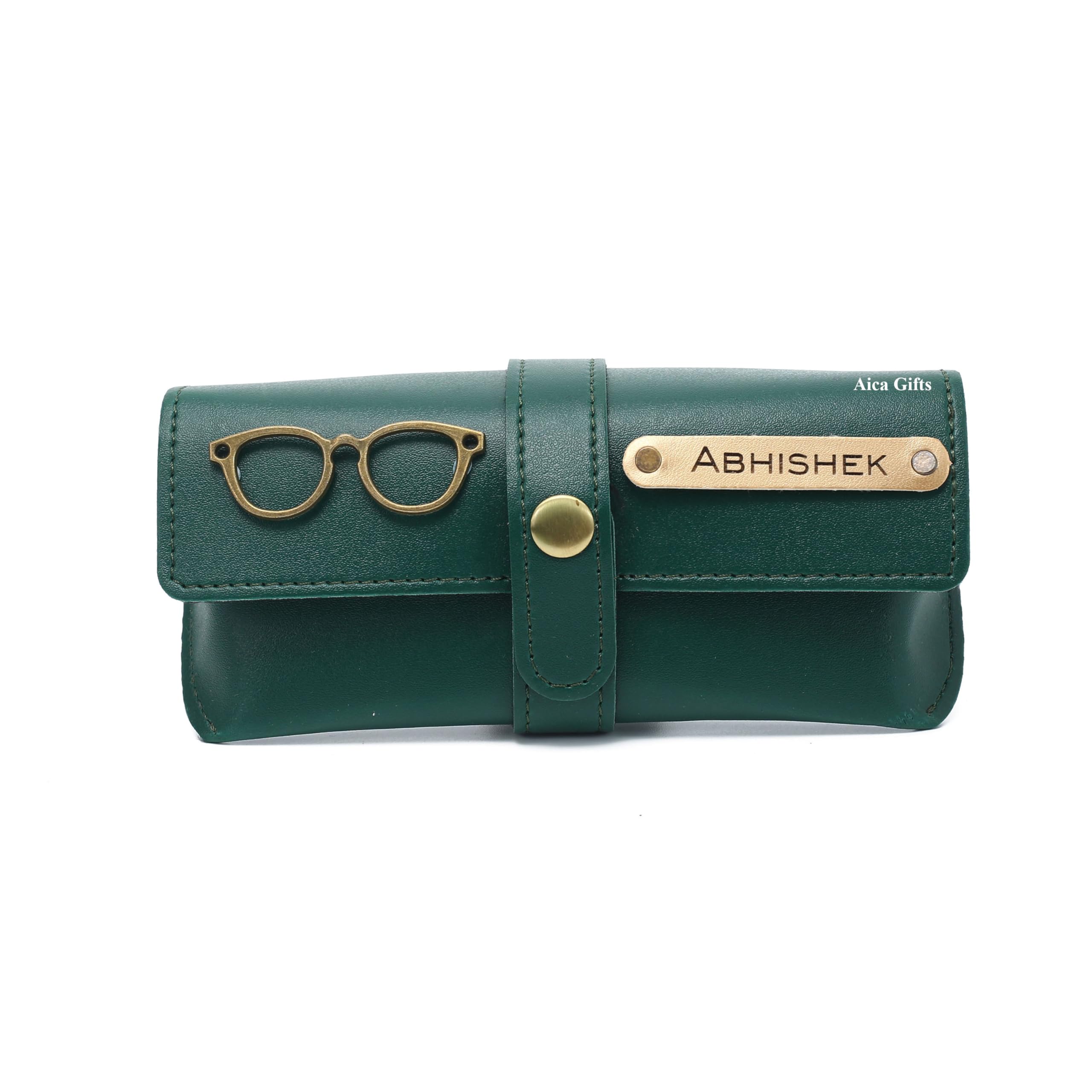 AICA Personalised Name & Charm Leather Sunglass Case Cover for Men & Women (Babyblue)