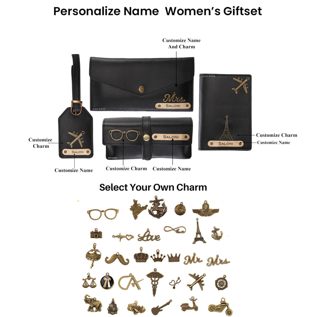 AICA Personalised Name & Charm Womens Leather Gift Set | Gifts for Women (Dark Brown)