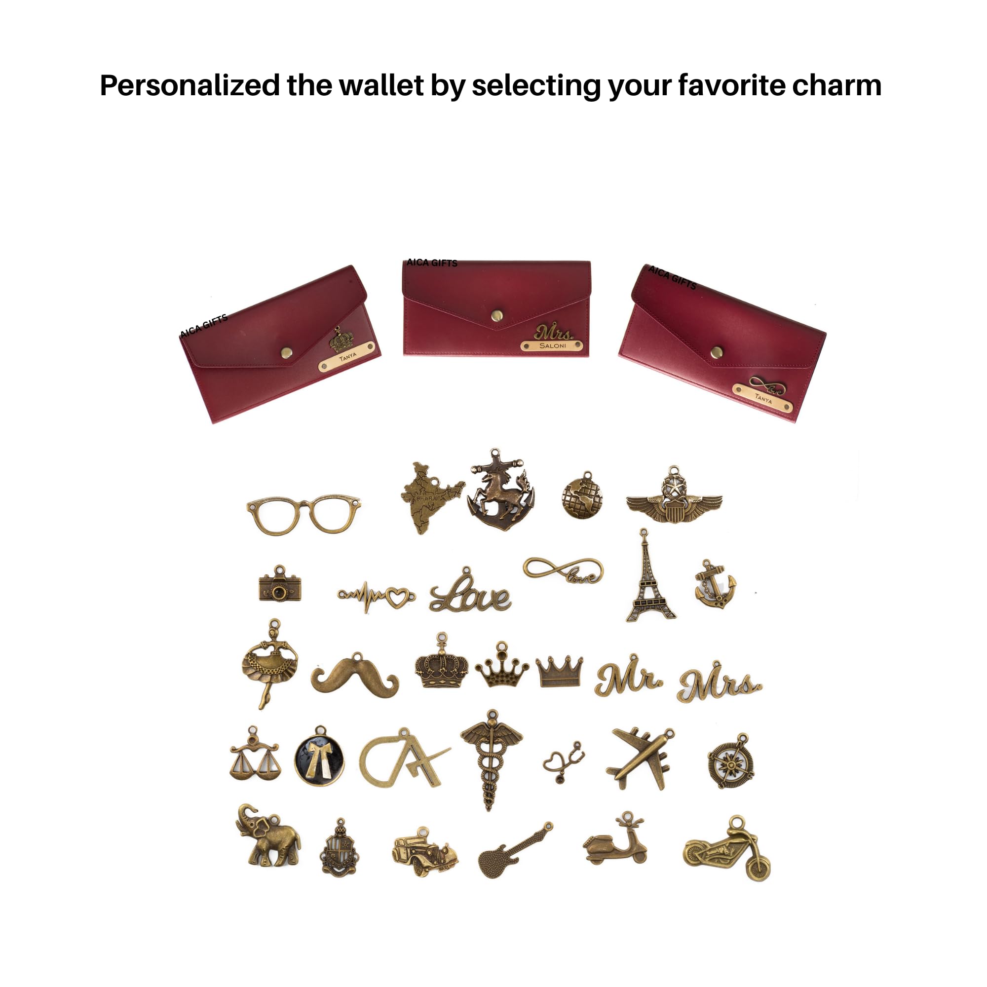AICA Personalised Name & Charm Leather Wallet Gift for Women