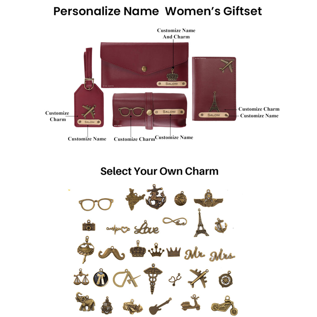 AICA Personalised Name & Charm Womens Leather Gift Set | Gifts for Women (Dark Brown)