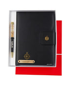 AICA Personalized Name & Charm Notebook Leather Diary - A5 Size, 200 Ruled Pages (Navy Blue) & Pen Golden Combo for Men & Women