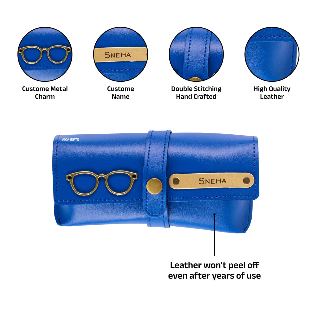 AICA Personalised Name & Charm Leather Sunglass Case Cover for Men & Women (Babyblue)