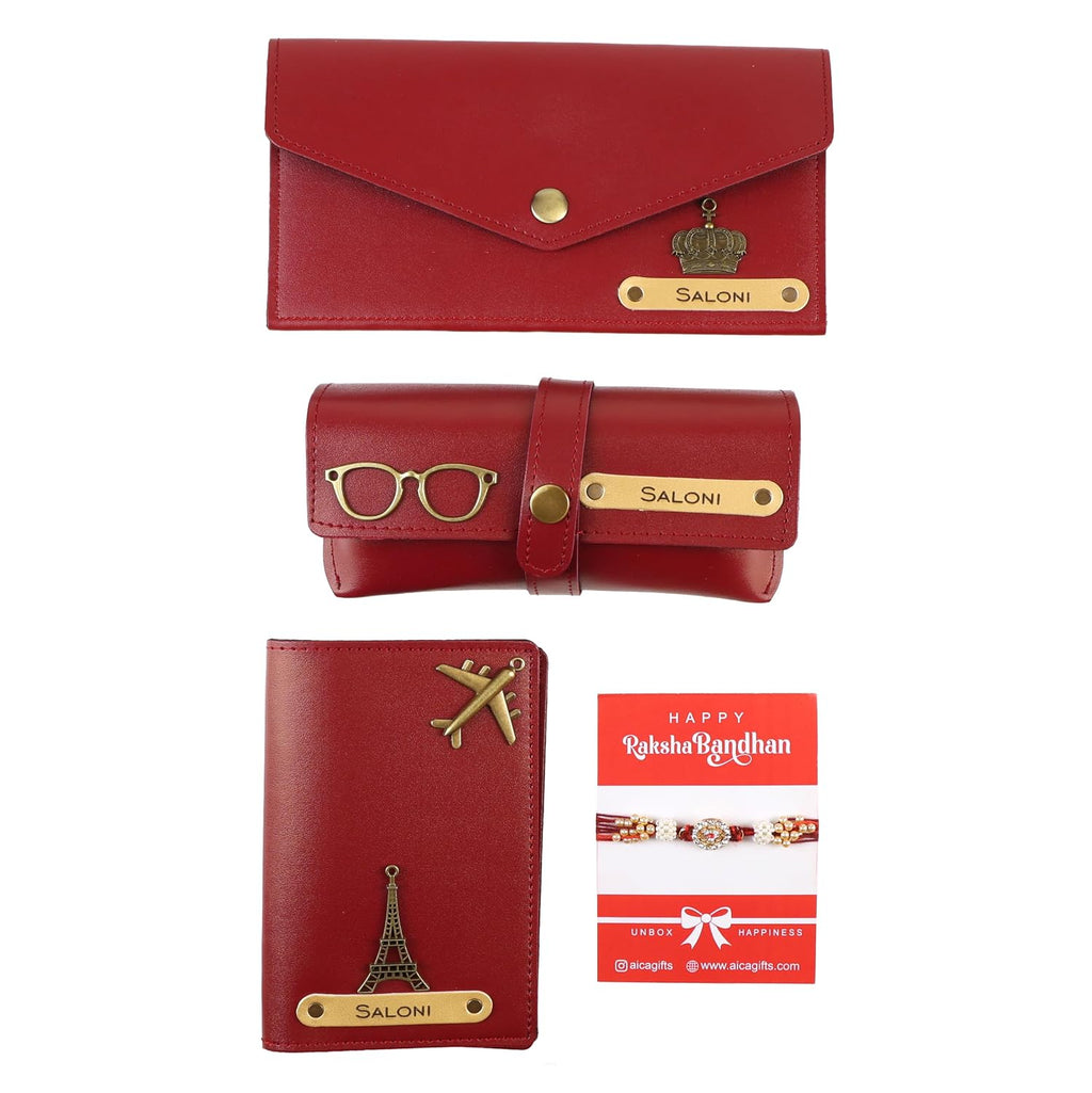 AICA Personalized Leather Womens Rakhi Combo (Wine)