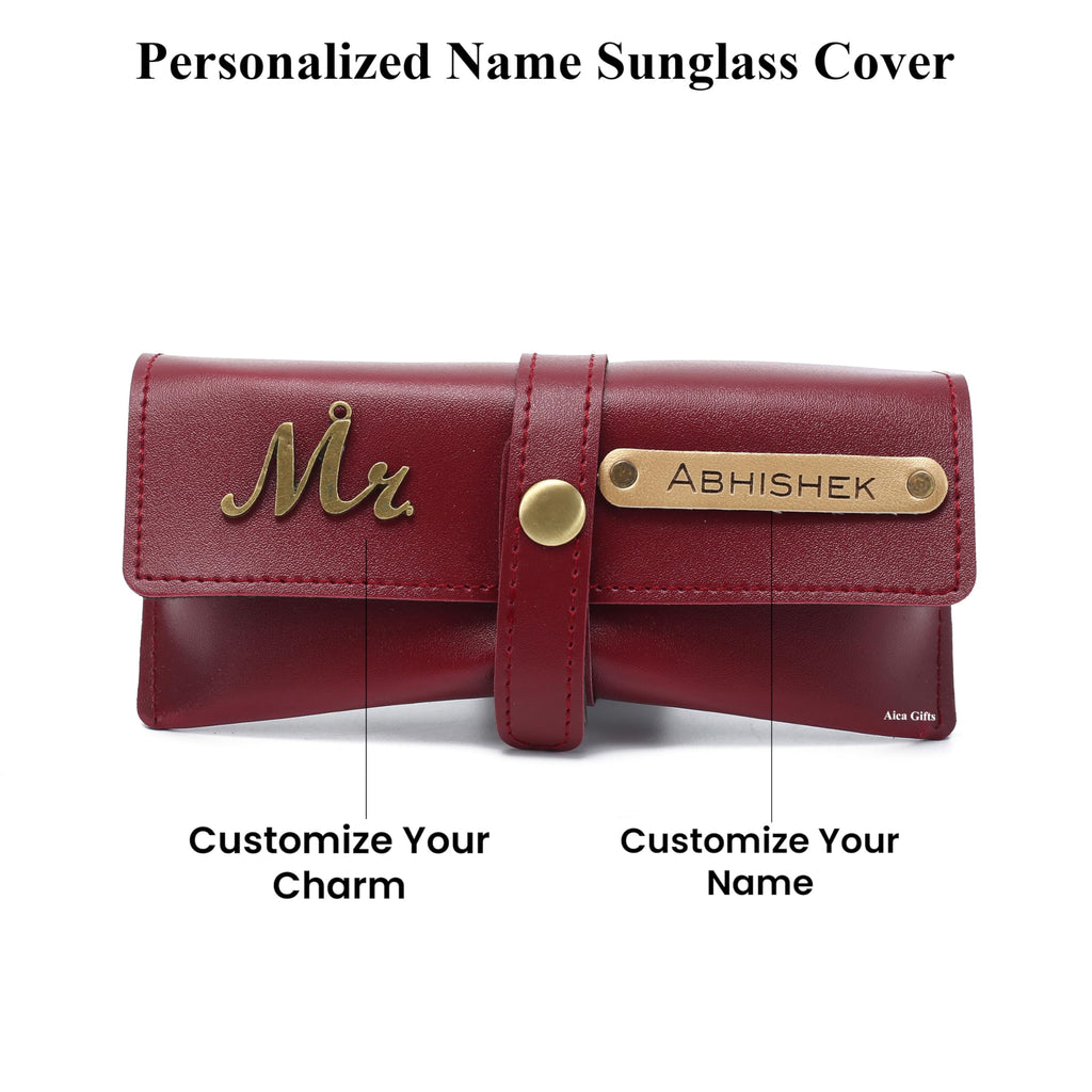 AICA Personalised Name & Charm Leather Sunglass Case Cover for Men & Women (Babyblue)
