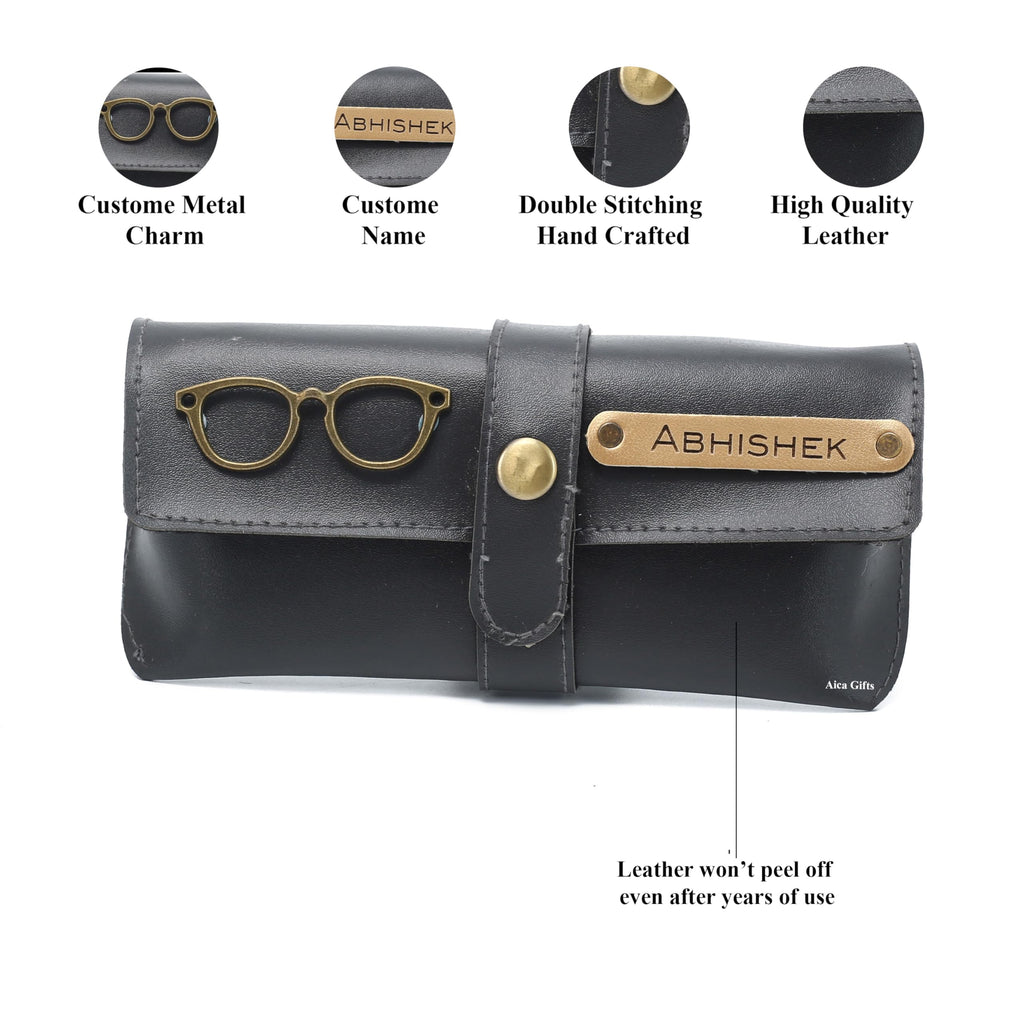 AICA Personalised Name & Charm Leather Sunglass Case Cover for Men & Women (Babyblue)