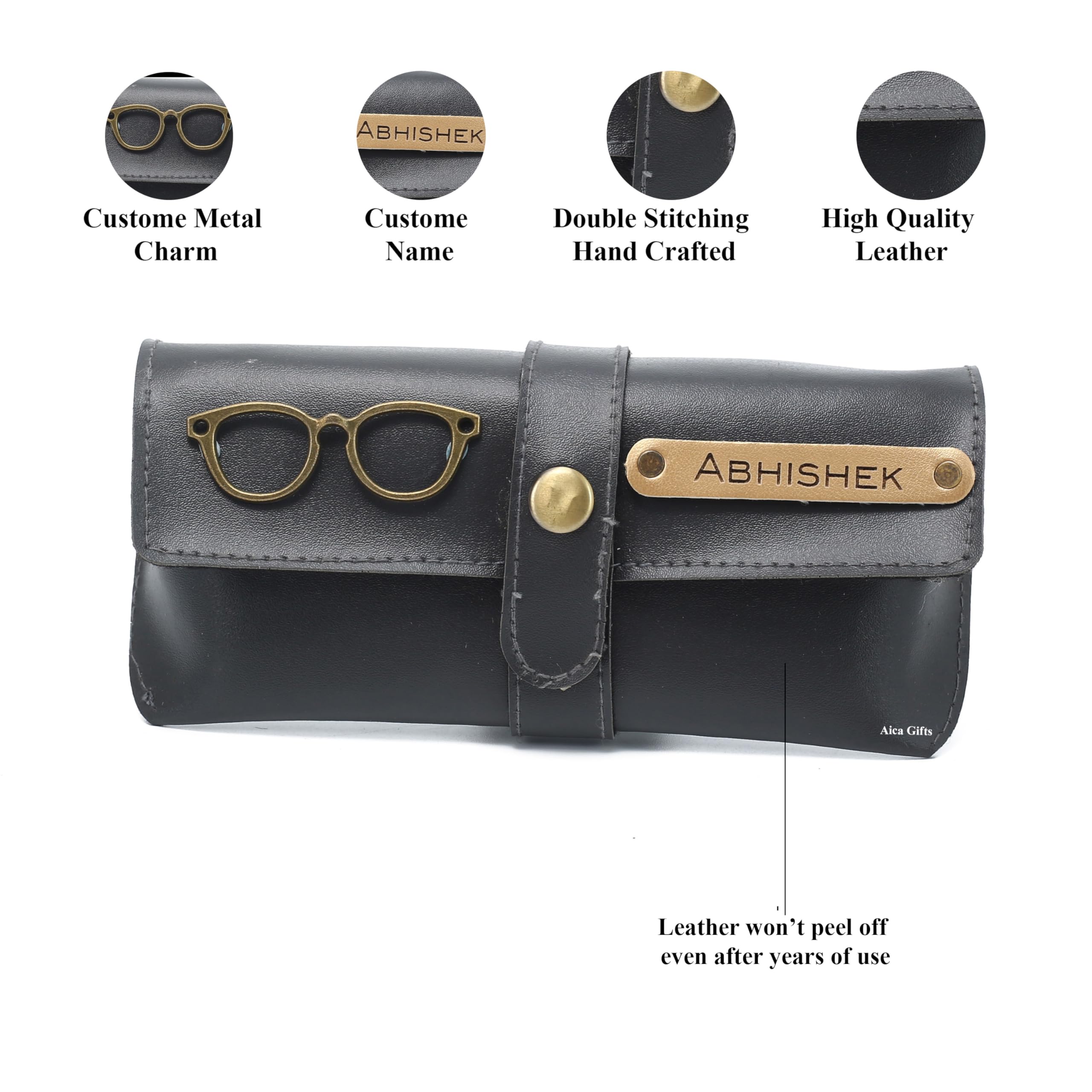 AICA Personalised Name & Charm Leather Sunglass Case Cover for Men & Women (Babyblue)