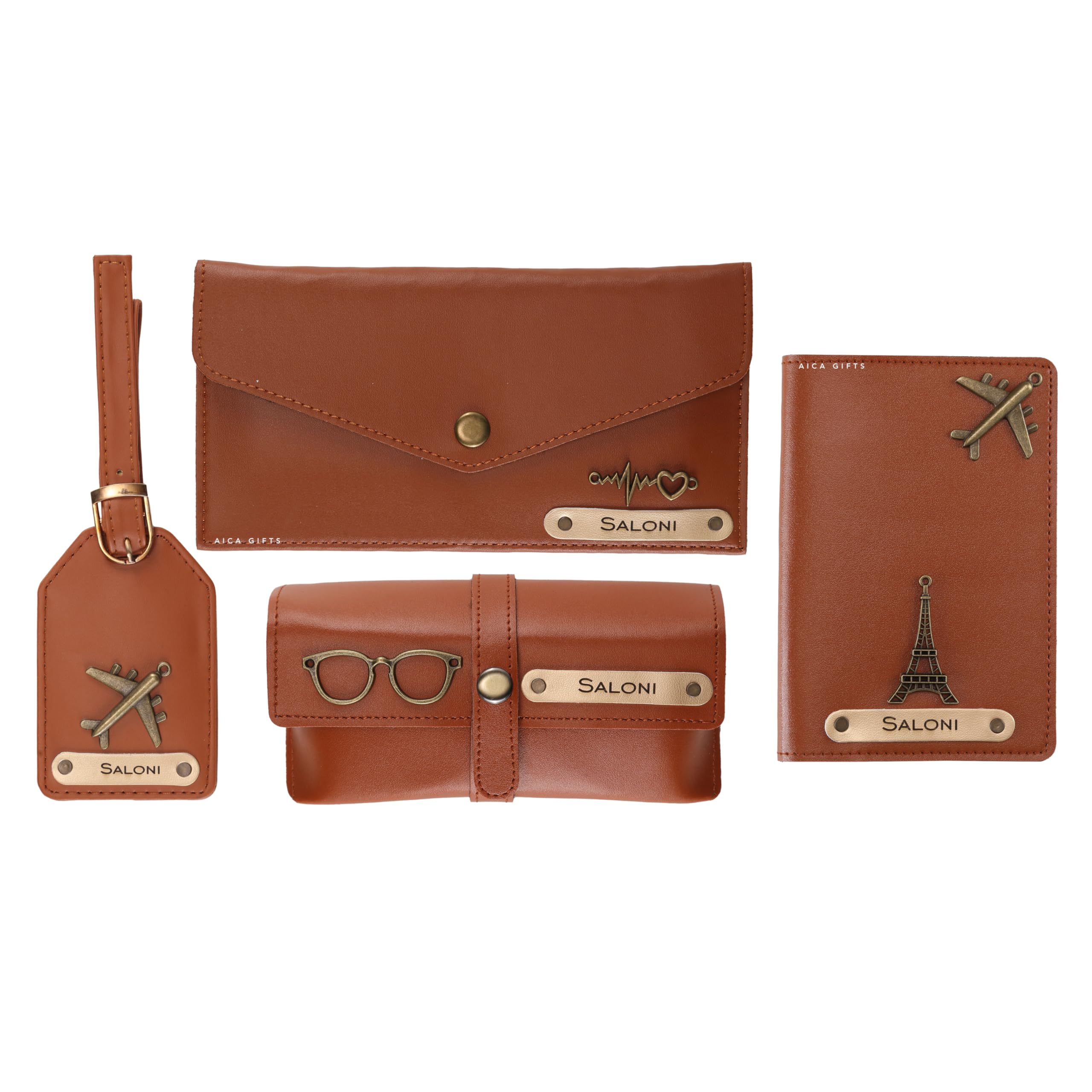 AICA Personalised Name & Charm Womens Leather Gift Set | Gifts for Women (Dark Brown)