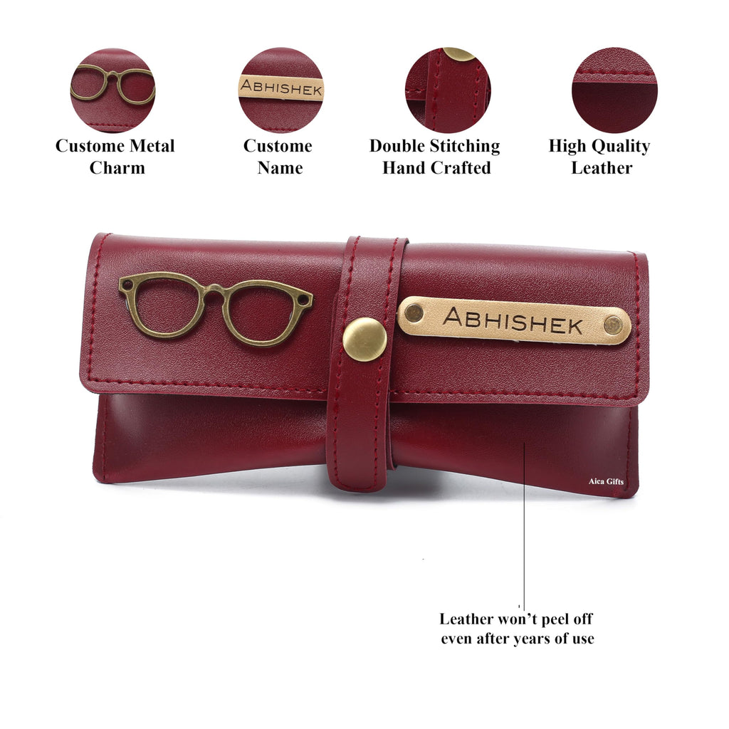 AICA Personalised Name & Charm Leather Sunglass Case Cover for Men & Women (Babyblue)