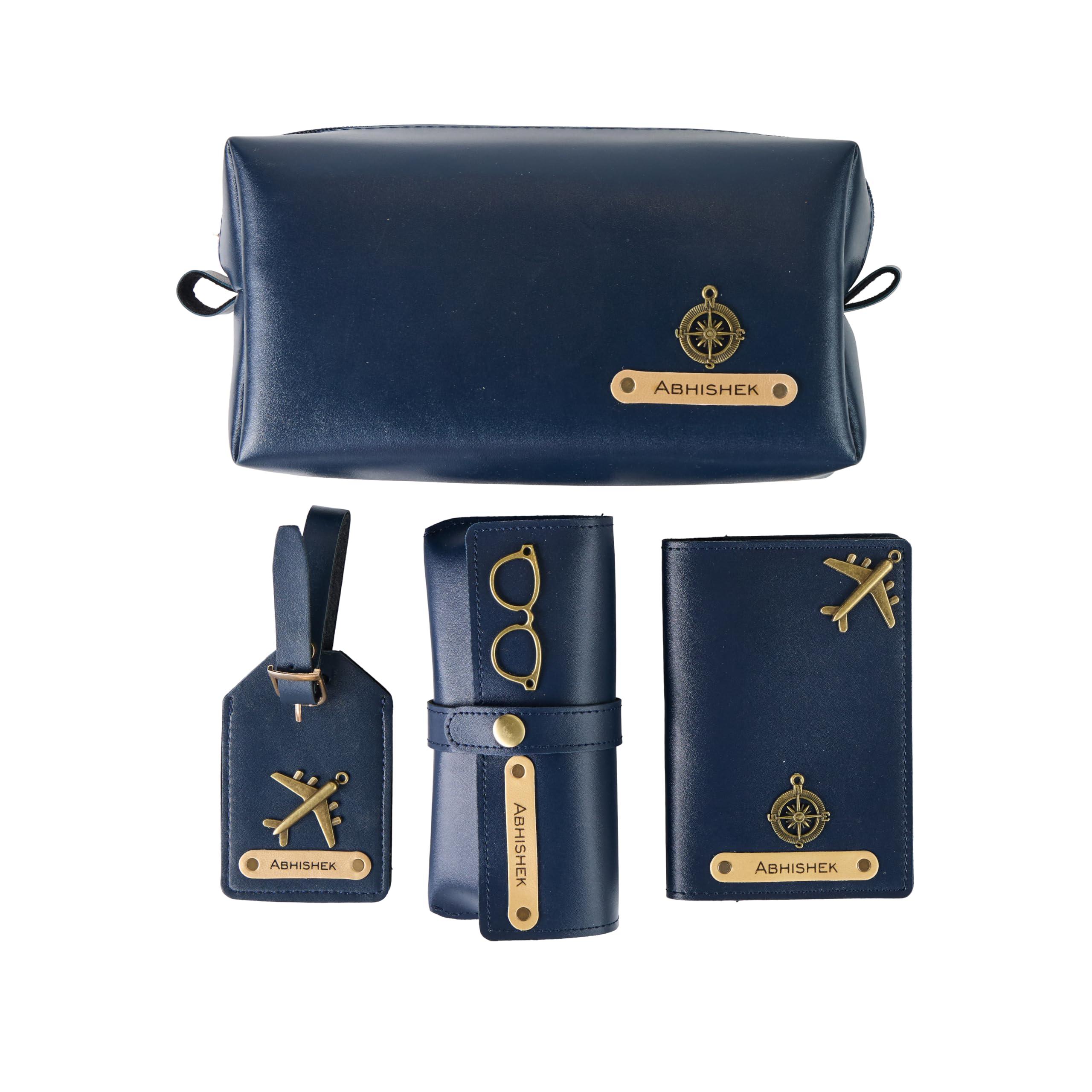 AICA Personalized Name & Charm Leather Travel 4pcs Gift Set Combo for Men & Women | Customized Travel Accessories Hamper | Gifts for Family and Friends | Gift for Girls & Boys (Navyblue)