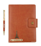 AICA Personalized Name & Charm Notebook Leather Diary - A5 Size, 200 Ruled Pages (Navy Blue) & Pen Golden Combo for Men & Women