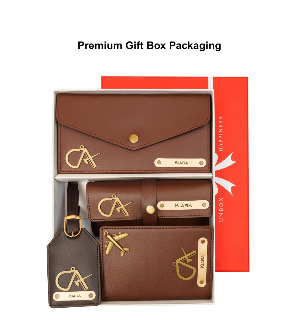 AICA Personalised Name & Charm Womens Leather Gift Set | Gifts for Women (Dark Brown)