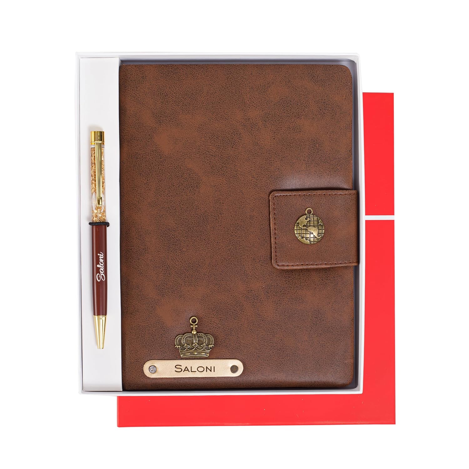 AICA Personalized Name & Charm Notebook Leather Diary - A5 Size, 200 Ruled Pages (Navy Blue) & Pen Golden Combo for Men & Women