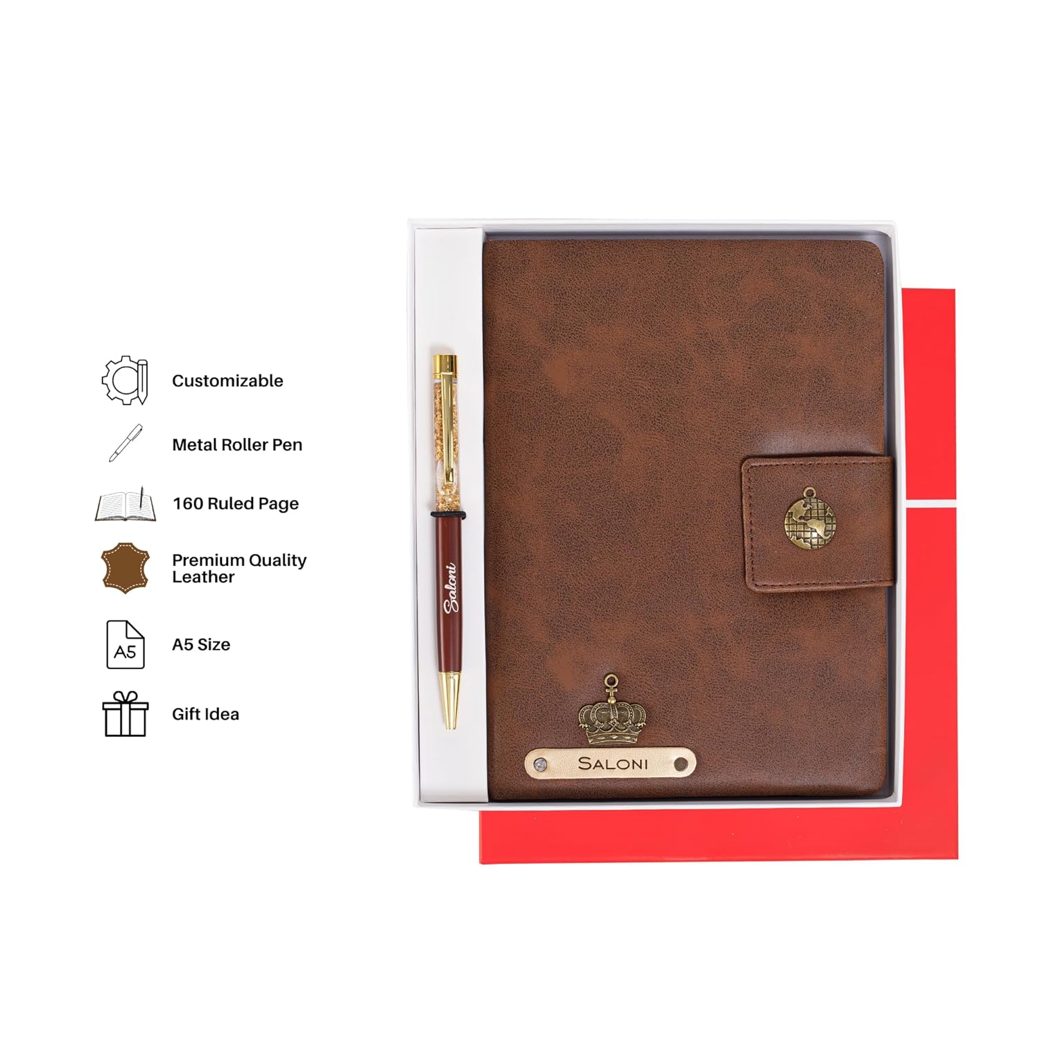 AICA Personalized Name & Charm Notebook Leather Diary - A5 Size, 200 Ruled Pages (Navy Blue) & Pen Golden Combo for Men & Women