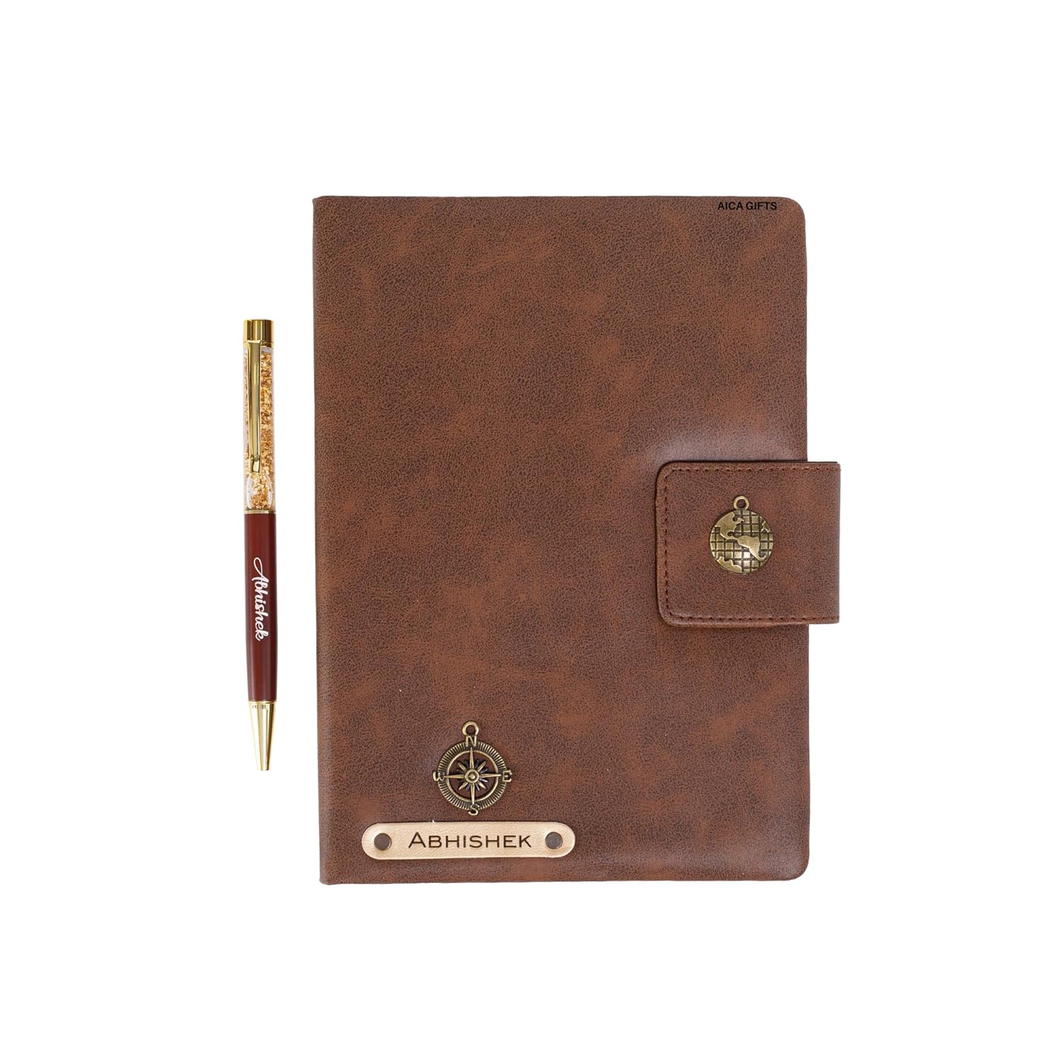 AICA Personalized Name & Charm Notebook Leather Diary - A5 Size, 200 Ruled Pages (Navy Blue) & Pen Golden Combo for Men & Women