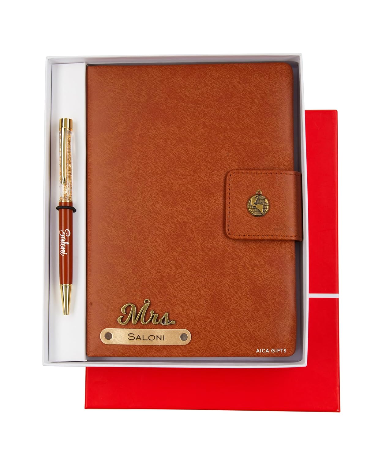 AICA Personalized Name & Charm Notebook Leather Diary - A5 Size, 200 Ruled Pages (Navy Blue) & Pen Golden Combo for Men & Women